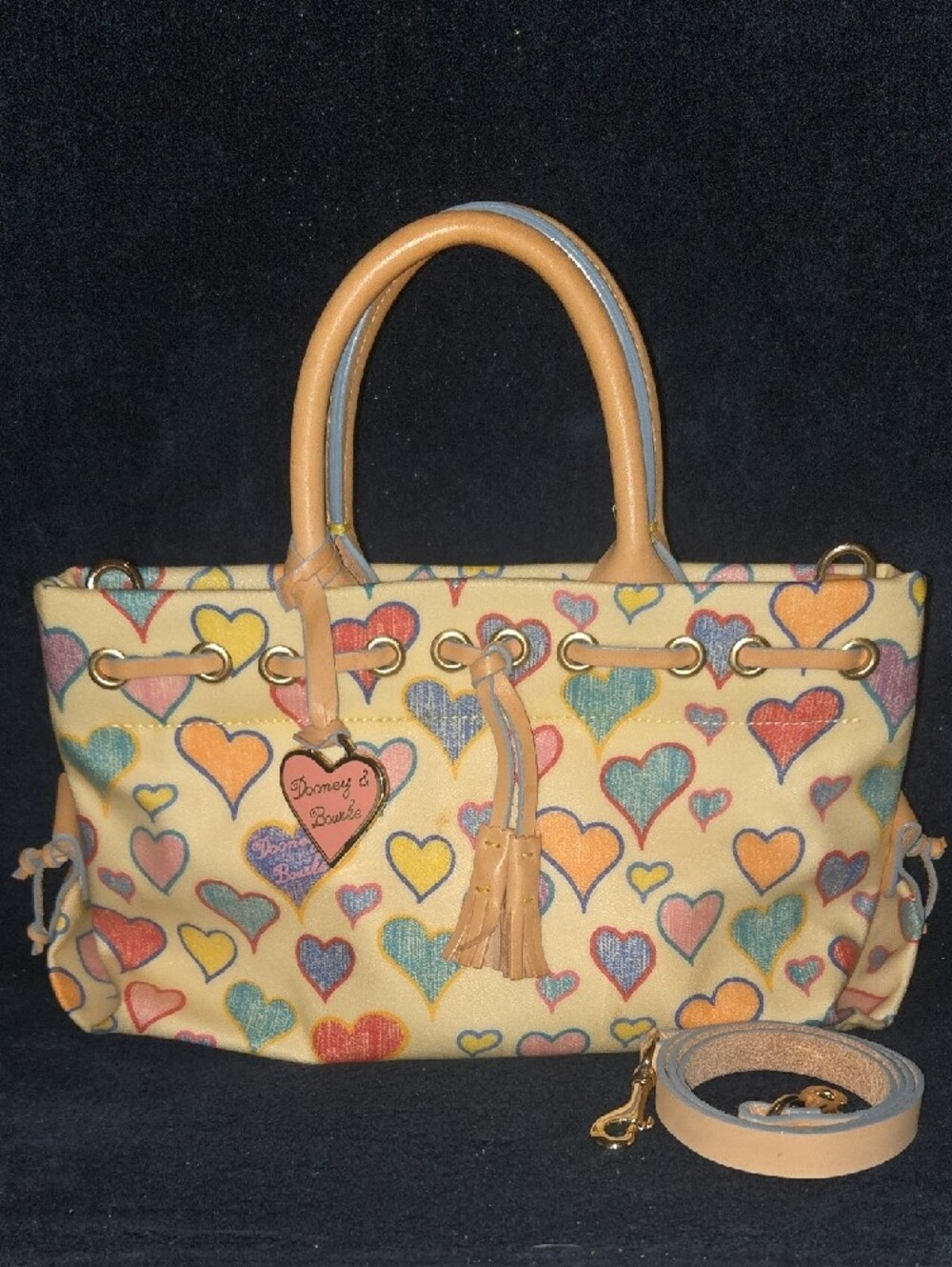 VINTAGE Y2K Dooney & Bourke Cream Tote with Multicolor Heart Print and Tan‎ Trim